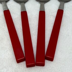Vintage Red Bakelite Handle Spoons Taiwan Set of 4 MCM 6.25 Inch
